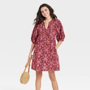 Floral Print Puff Elbow Sleeve Babydoll Dress